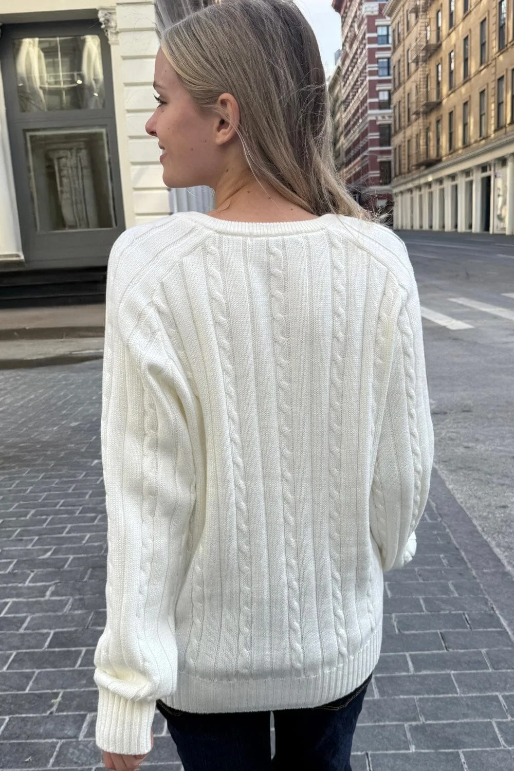 Ida Cotton Cable Knit V-Neck Sweater